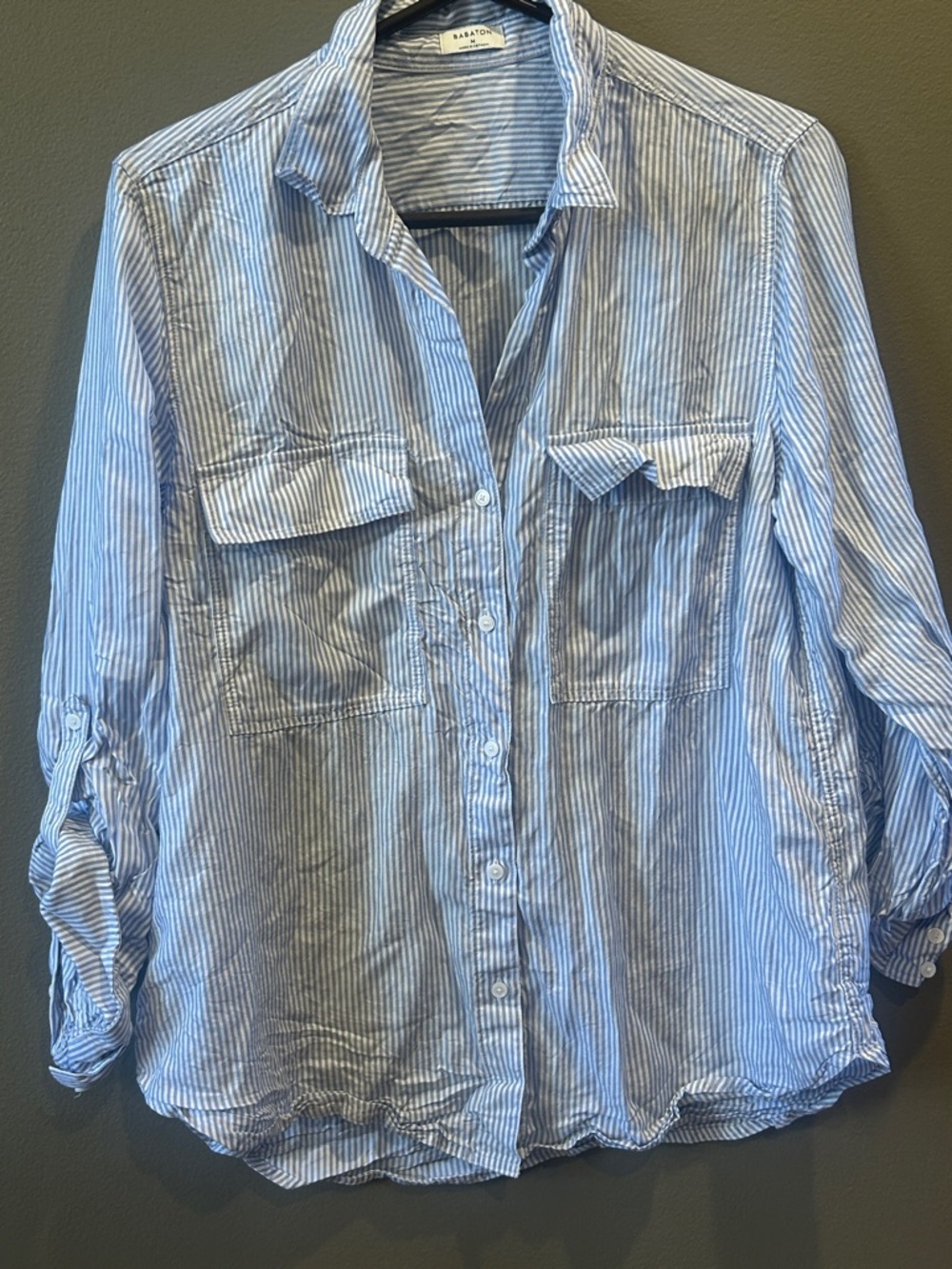 Babaton Blue White Striped Tencel Lyocell Button Down Utility Shirt Womens M